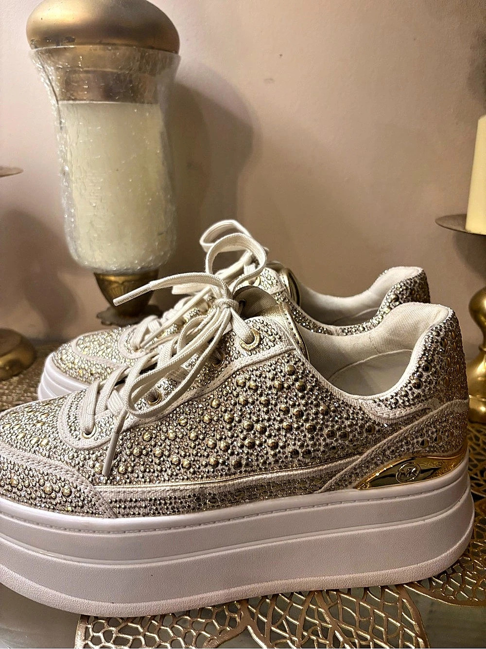Michael Kors Olympia Crystal Embellished Trainer Sneaker Sneakers White & Gold